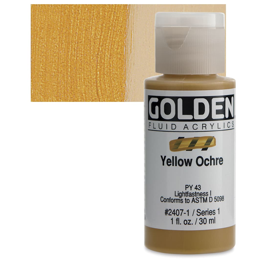 Open in modal - Golden Fluid Acrylic - Yellow Ochre, 1 oz bottle and swatch