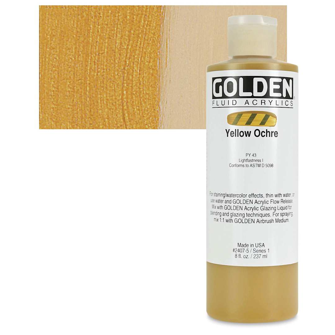 Open in modal - Golden Fluid Acrylic - Yellow Ochre, 8 oz bottle and swatch