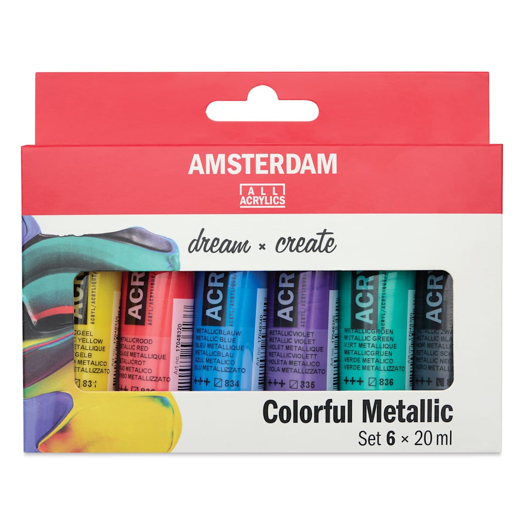 Open in modal - Amsterdam Standard Series Acrylics - Set of 6, Colorful Metallic, 20 ml Tubes, front of packaging