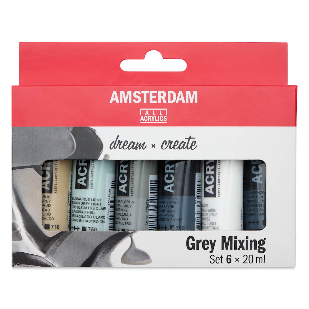 Open in modal - Amsterdam Standard Series Acrylics - Set of 6, Grey Mixing, 20 ml Tubes, front of packaging