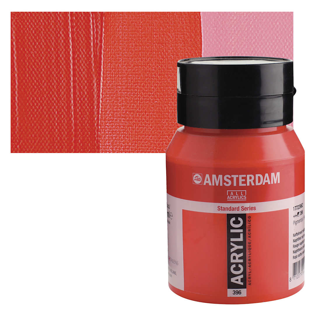 Open in modal - Amsterdam Standard Series Acrylic - Naphthol Red Medium, 500 ml bottle and swatch