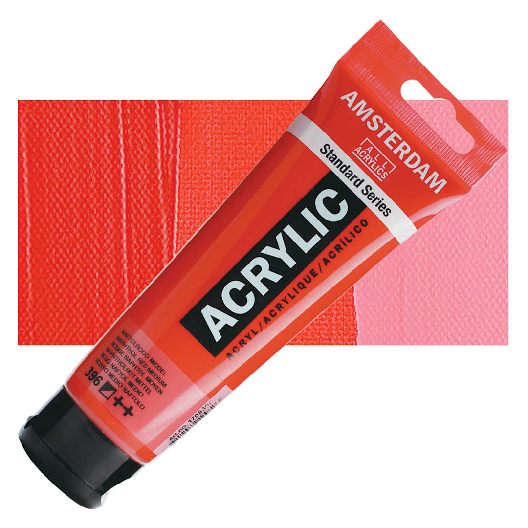 Open in modal - Amsterdam Standard Series Acrylic Paint - Naphthol Red Medium, 120 ml tube and swatch