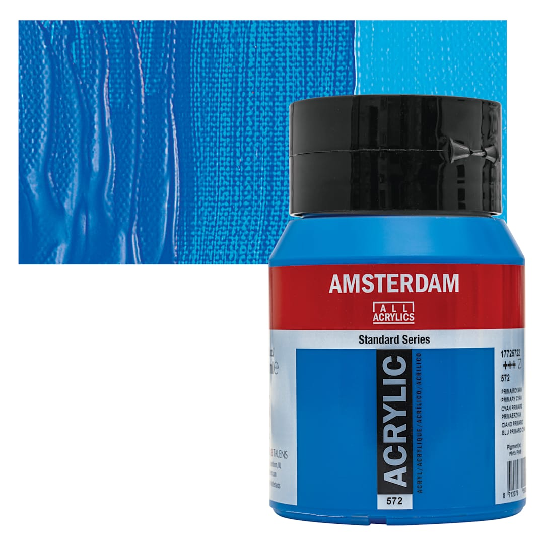 Open in modal - Amsterdam Standard Series Acrylic Paint - Primary Cyan, 500 ml, Bottle and swatch