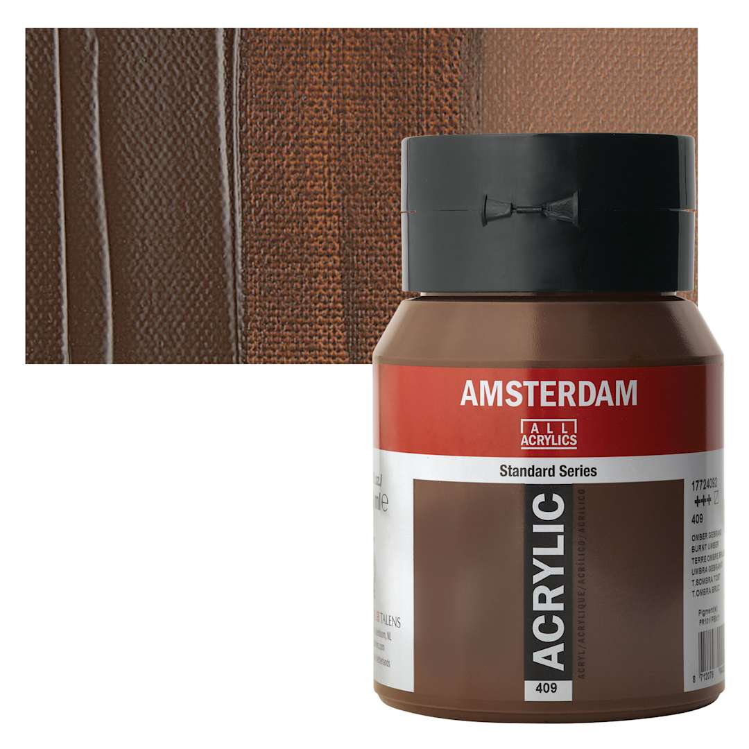 Open in modal - Amsterdam Standard Series Acrylic Paint  - Burnt Umber, 500 ml, Bottle and swatch