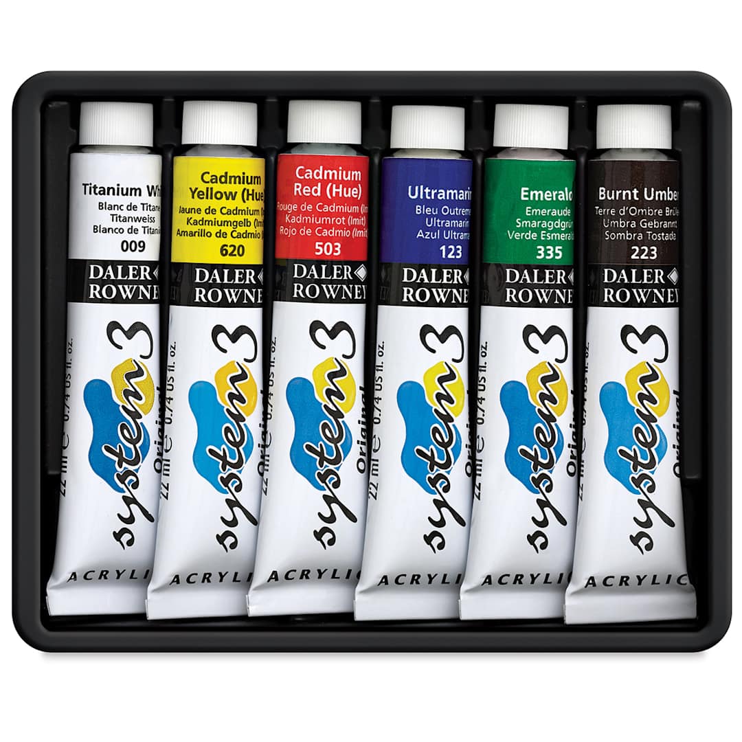 Open in modal - Daler-Rowney System3 Acrylics - Components of Starter Set of 6 colors in tray