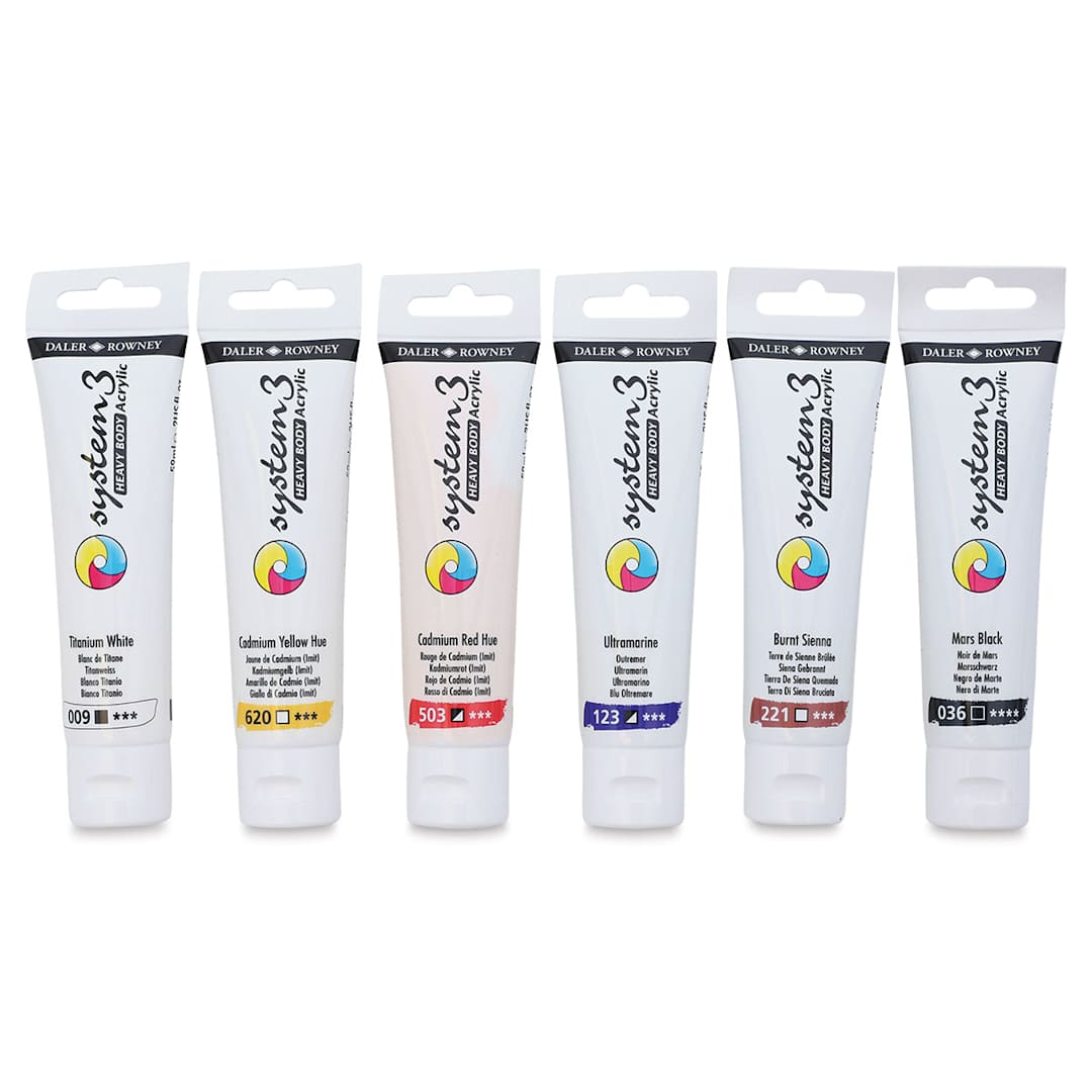 Open in modal - Daler-Rowney System3 Heavy Body Acrylic Paint Set - Starter Set, Assorted Colors, Set of 6, 59 ml, Tubes