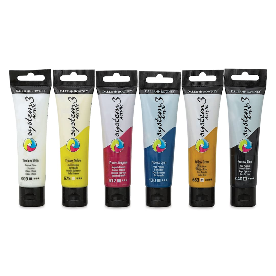Open in modal - Daler-Rowney System3 Acrylics - Process Set, Set of 6, 59 ml Tubes (Front of tubes)
