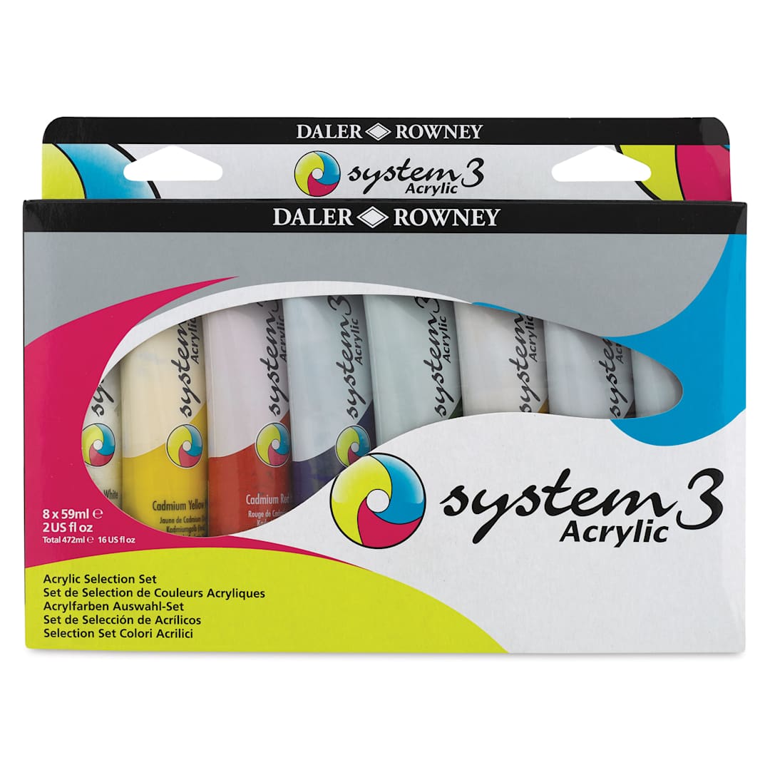 Open in modal - Daler-Rowney System3 Acrylics - Selection Set, Set of 8, 59 ml Tubes (Front of package)