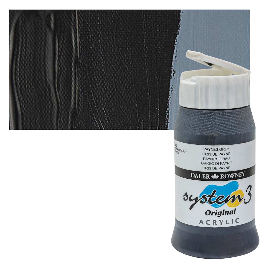 Open in modal - Daler-Rowney System3 Acrylic - Payne's Gray, 500 ml bottle and swatch