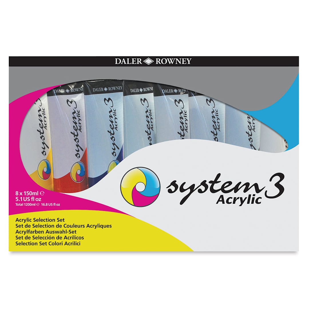 Open in modal - System3 Medium Body Acrylic Paint Sets - Front of package of Jumbo Set of 8 Assorted Colors