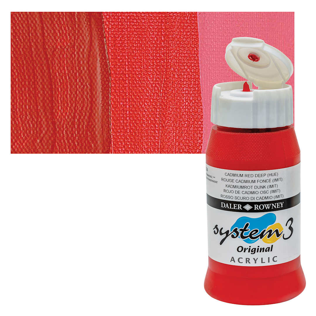 Open in modal - Daler-Rowney System3 Acrylic - Cadmium Red Deep Hue, 500 ml bottle and swatch