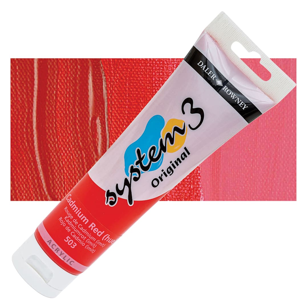 Open in modal - Daler-Rowney System3 Acrylic - Cadmium Red Hue, 150 ml tube and swatch