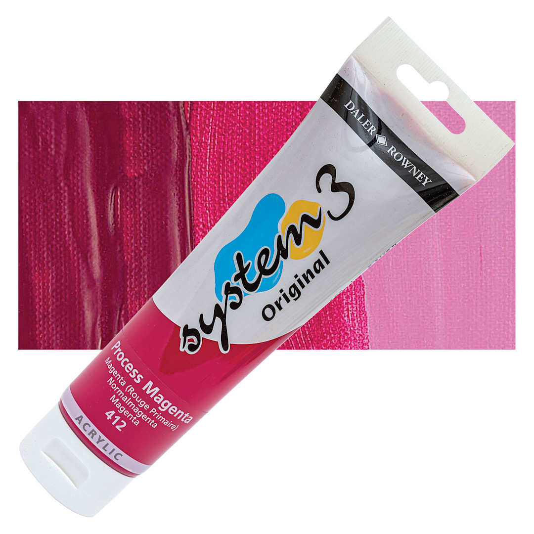 Open in modal - Daler-Rowney System3 Acrylic - Process Magenta, 150 ml tube and swatch