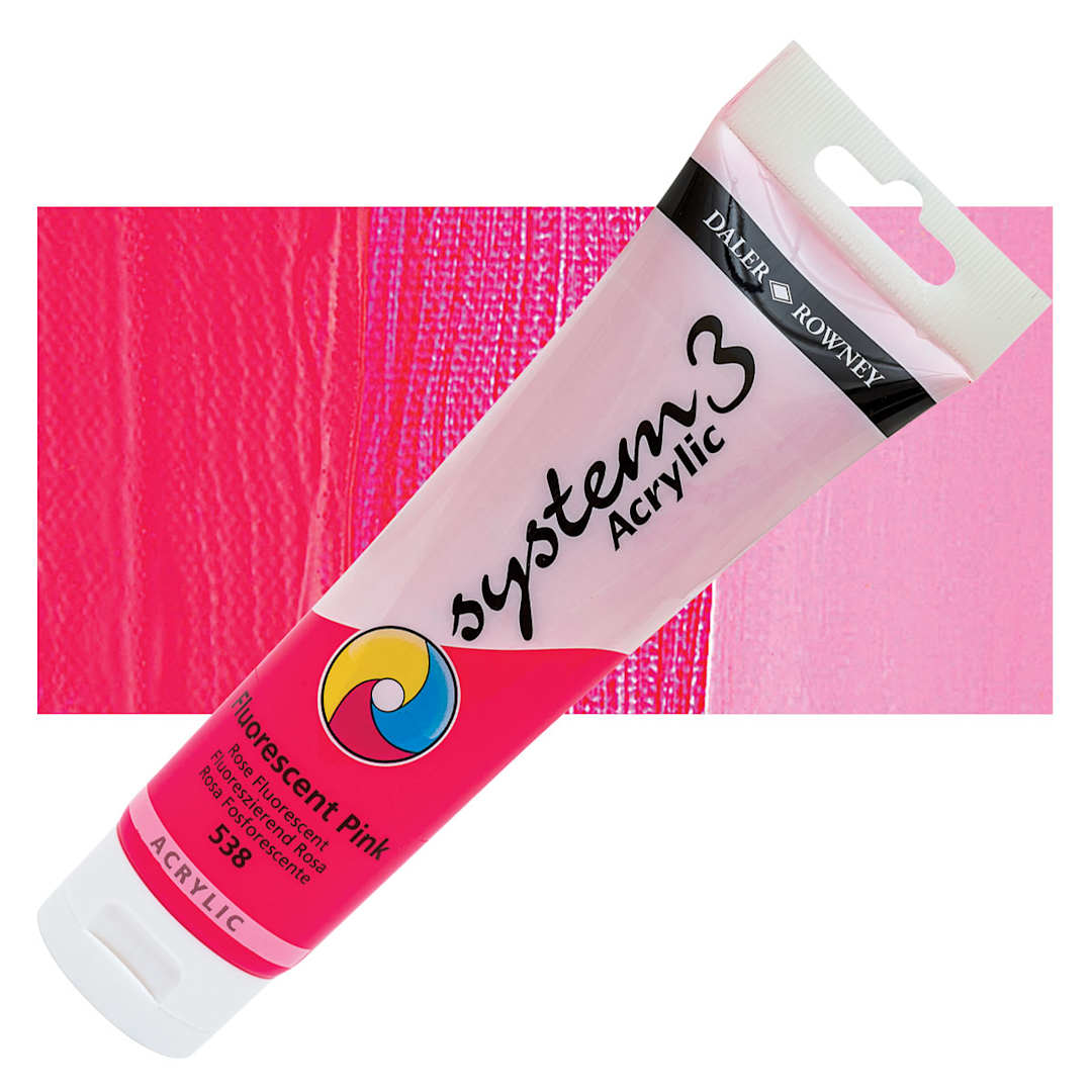 Open in modal - Daler-Rowney System3 Acrylic - Fluorescent Pink, 150 ml tube and swatch