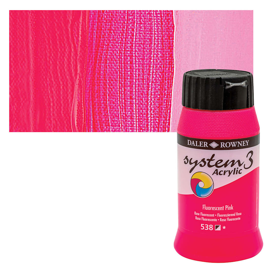 Open in modal - Daler-Rowney System3 Acrylic - Fluorescent Pink, 500 ml bottle and swatch