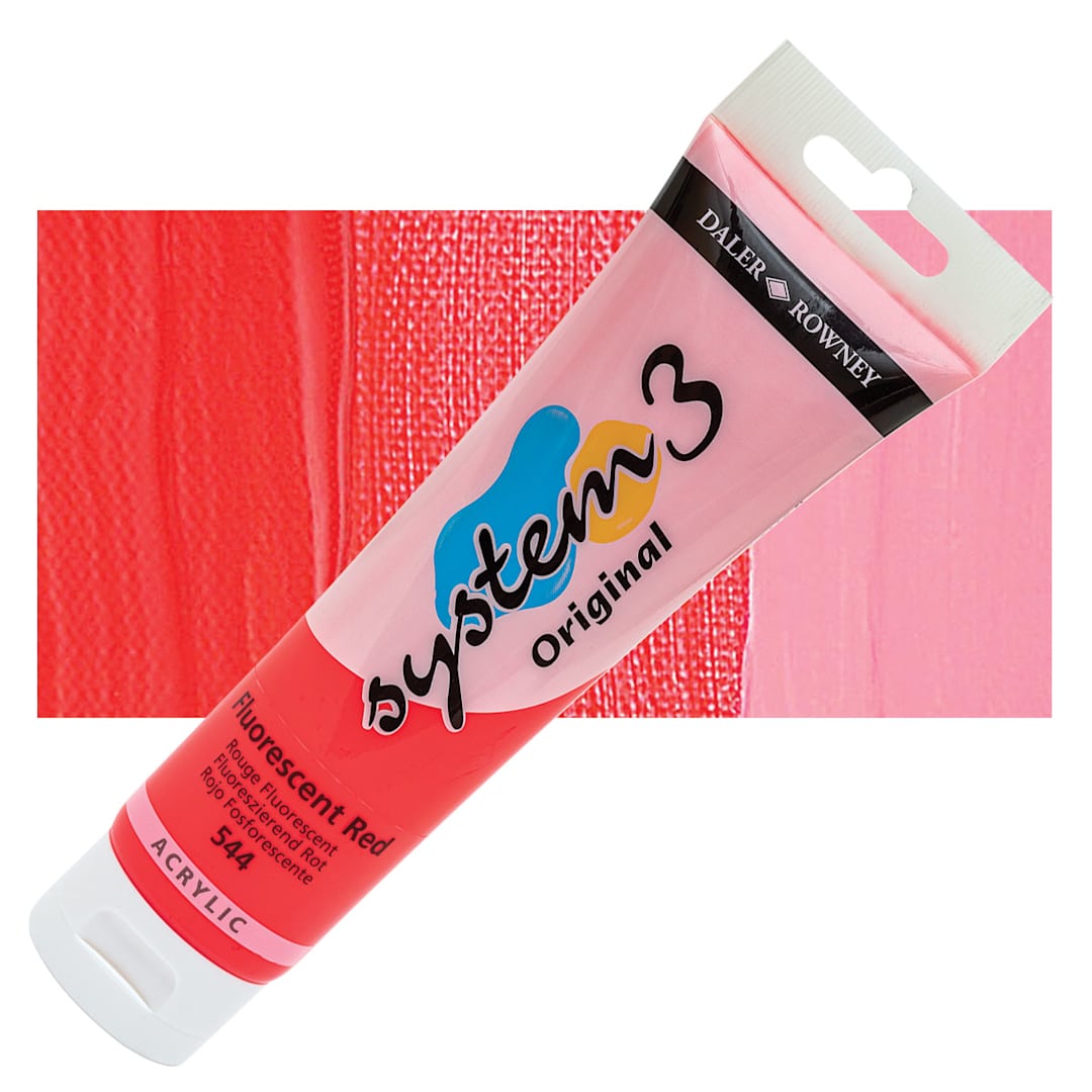 Open in modal - Daler-Rowney System3 Acrylic - Fluorescent Red, 150 ml tube and swatch