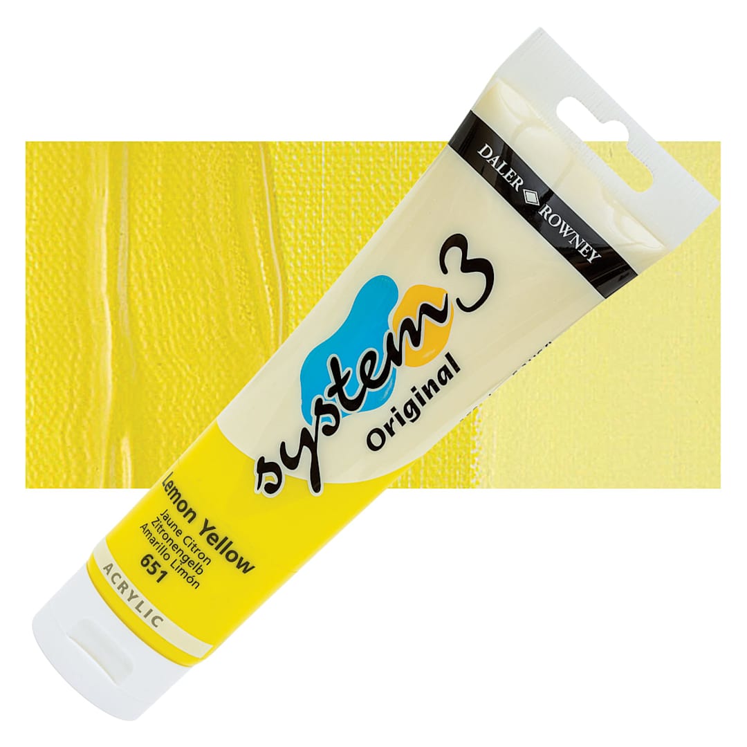 Open in modal - Daler-Rowney System3 Acrylic - Lemon Yellow, 150 ml tube and swatch