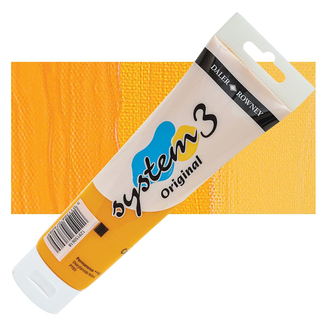Open in modal - Daler-Rowney System3 Acrylic - Cadmium Yellow Deep Hue, 150 ml tube and swatch