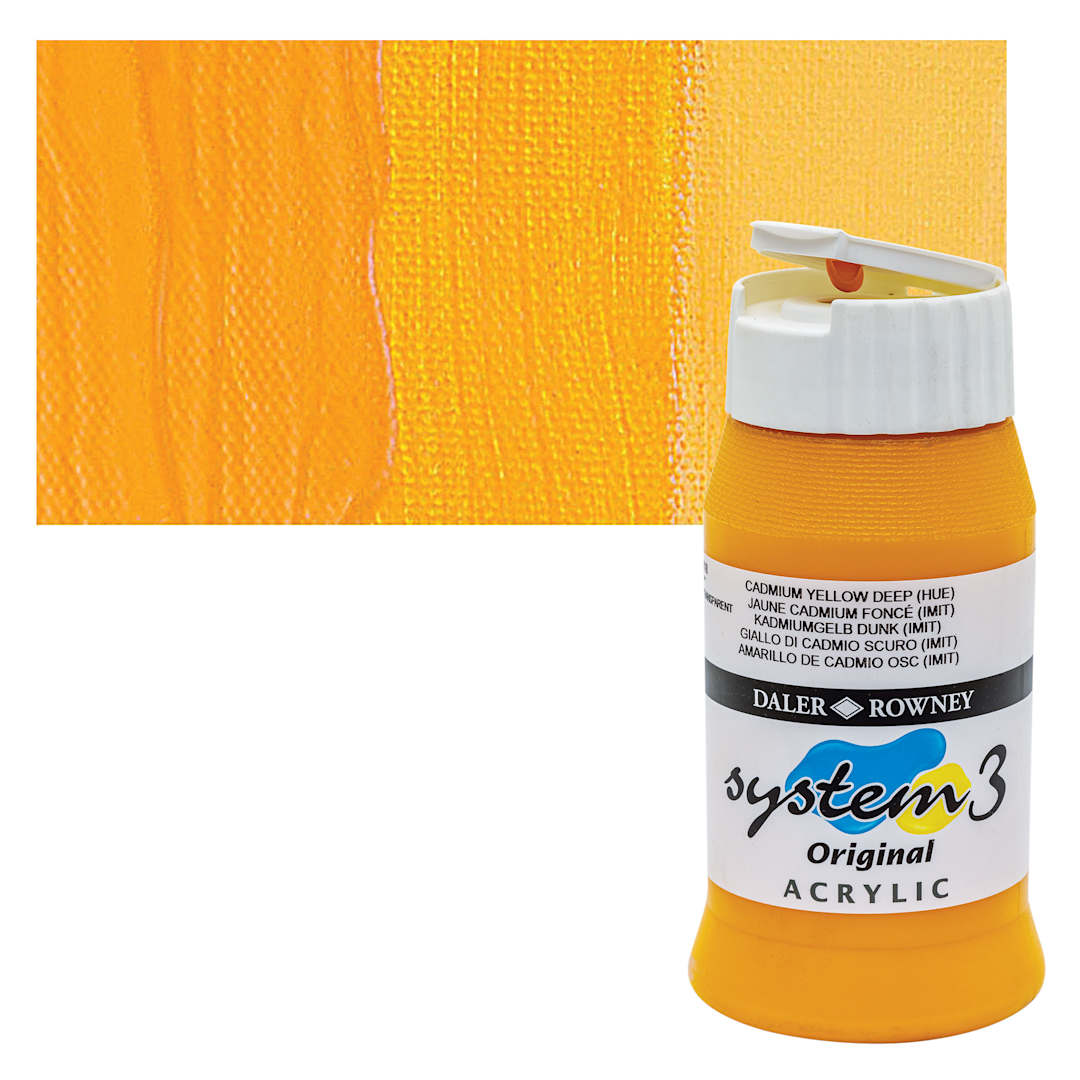 Open in modal - Daler-Rowney System3 Acrylic - Cadmium Yellow Deep Hue, 500 ml bottle and swatch
