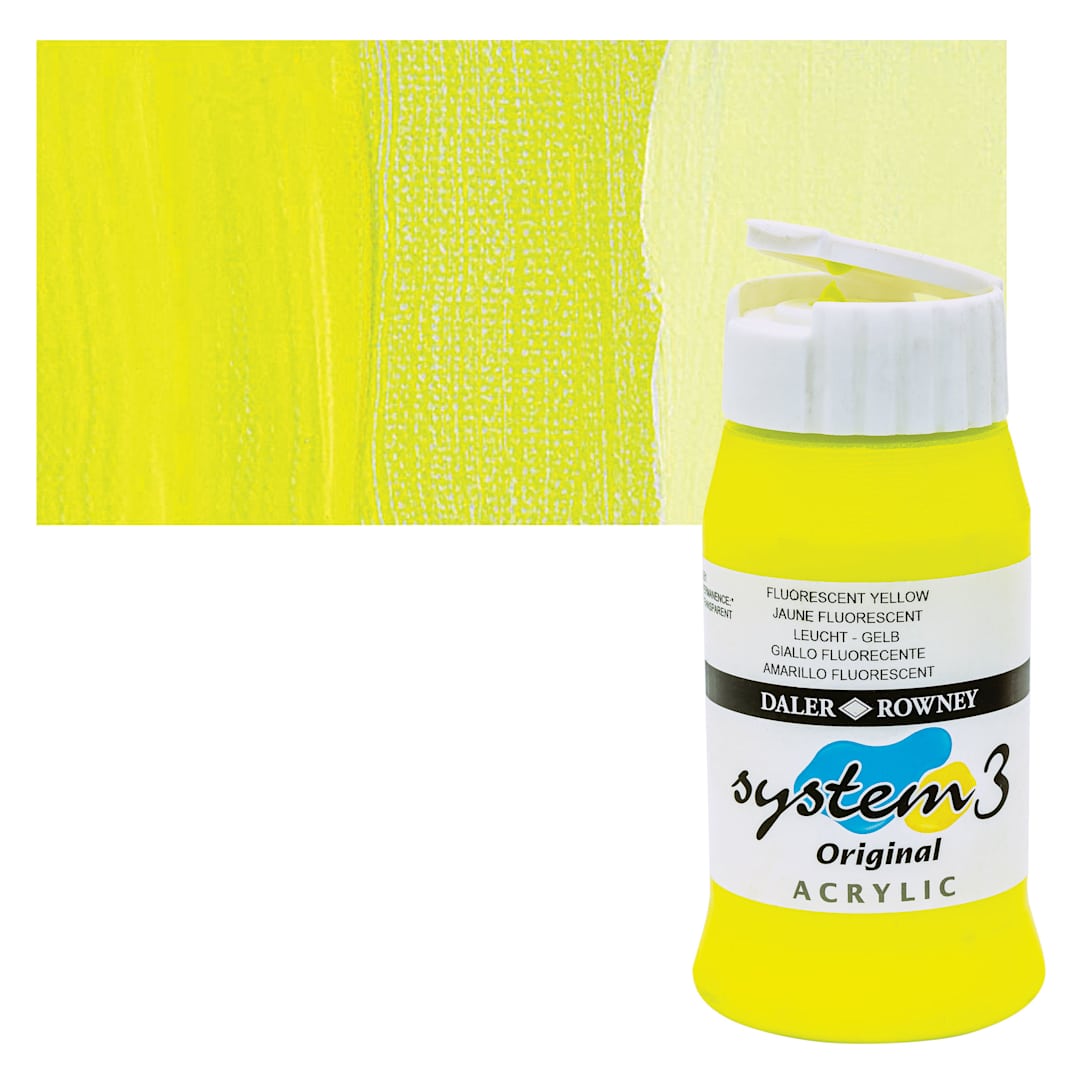 Open in modal - Daler-Rowney System3 Acrylic - Fluorescent Yellow, 500 ml bottle and swatch
