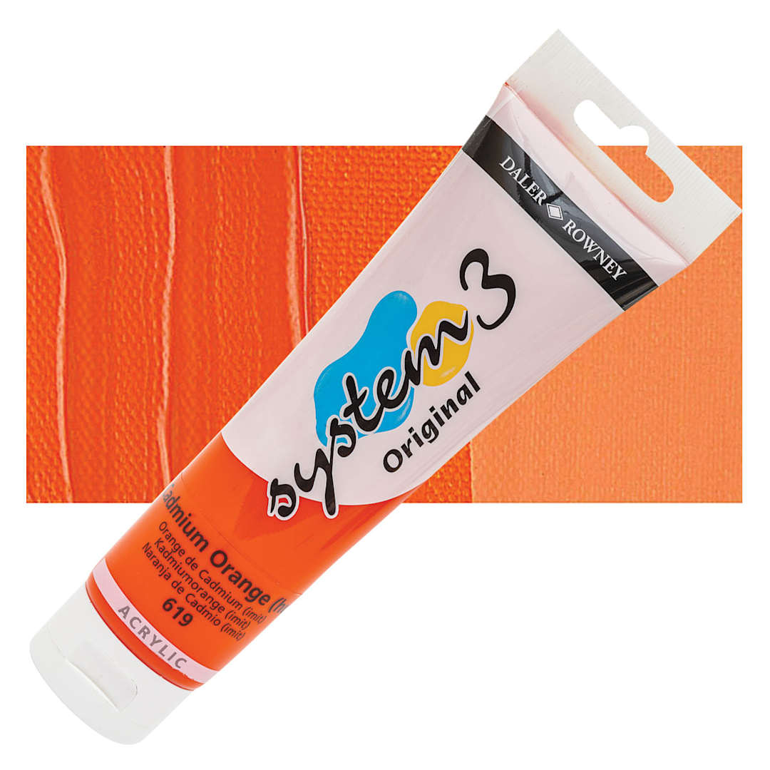Open in modal - Daler-Rowney System3 Acrylic - Cadmium Orange Hue, 150 ml tube and swatch