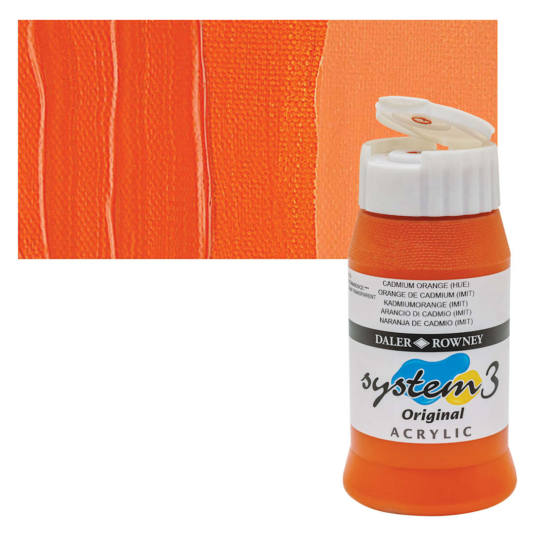 Open in modal - Daler-Rowney System3 Acrylic - Cadmium Orange Hue, 500 ml bottle and swatch