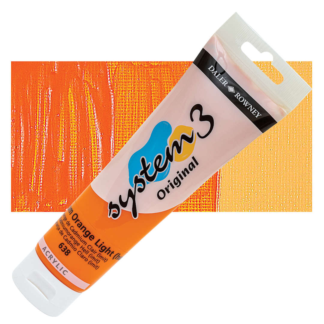 Open in modal - Daler-Rowney System3 Acrylic - Cadmium Orange Light Hue, 150 ml tube and swatch