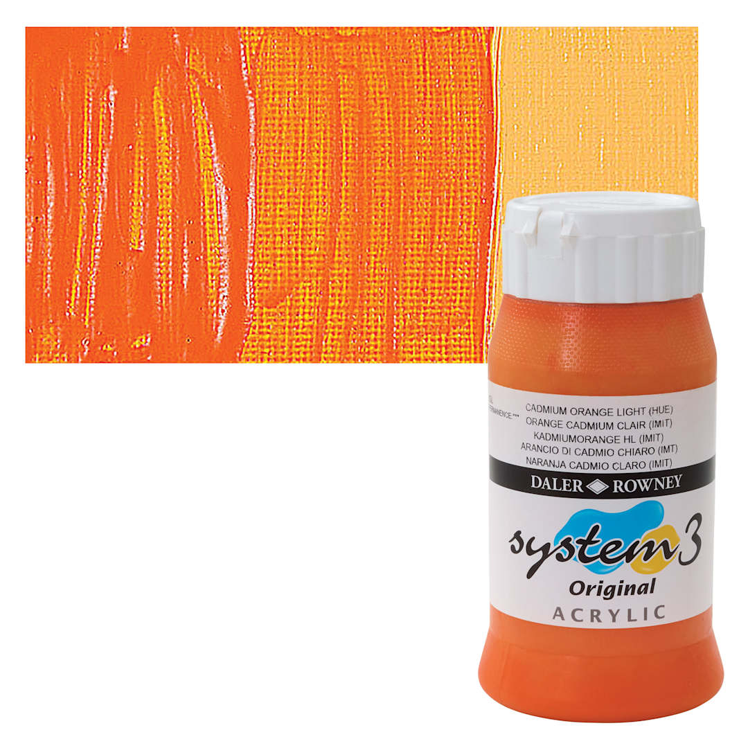 Open in modal - Daler-Rowney System3 Acrylic - Cadmium Orange Light, 500 ml, bottle and swatch