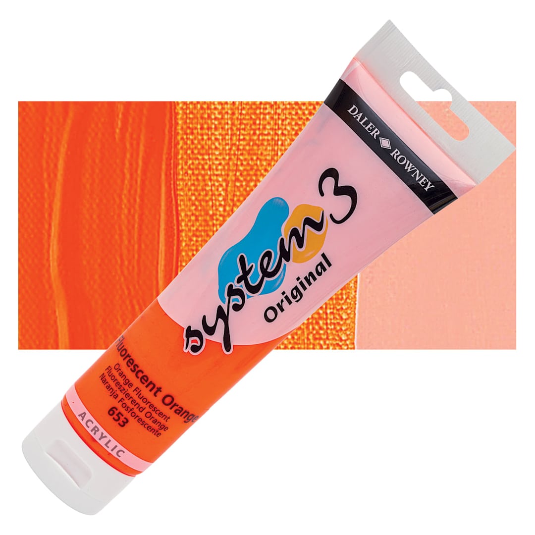 Open in modal - Daler-Rowney System3 Acrylic - Fluorescent Orange, 150 ml tube and swatch