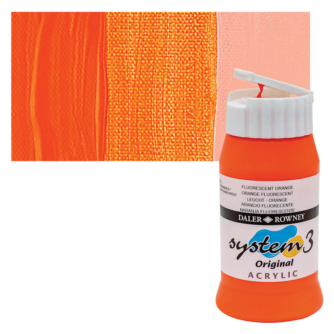 Open in modal - Daler-Rowney System3 Acrylic - Fluorescent Orange, 500 ml bottle and swatch