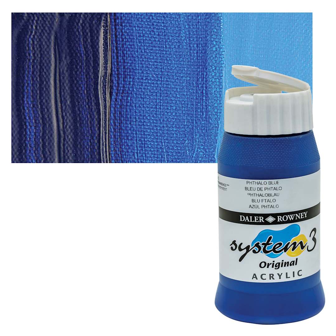 Open in modal - Daler-Rowney System3 Acrylic - Phthalo Blue, 500 ml bottle and swatch