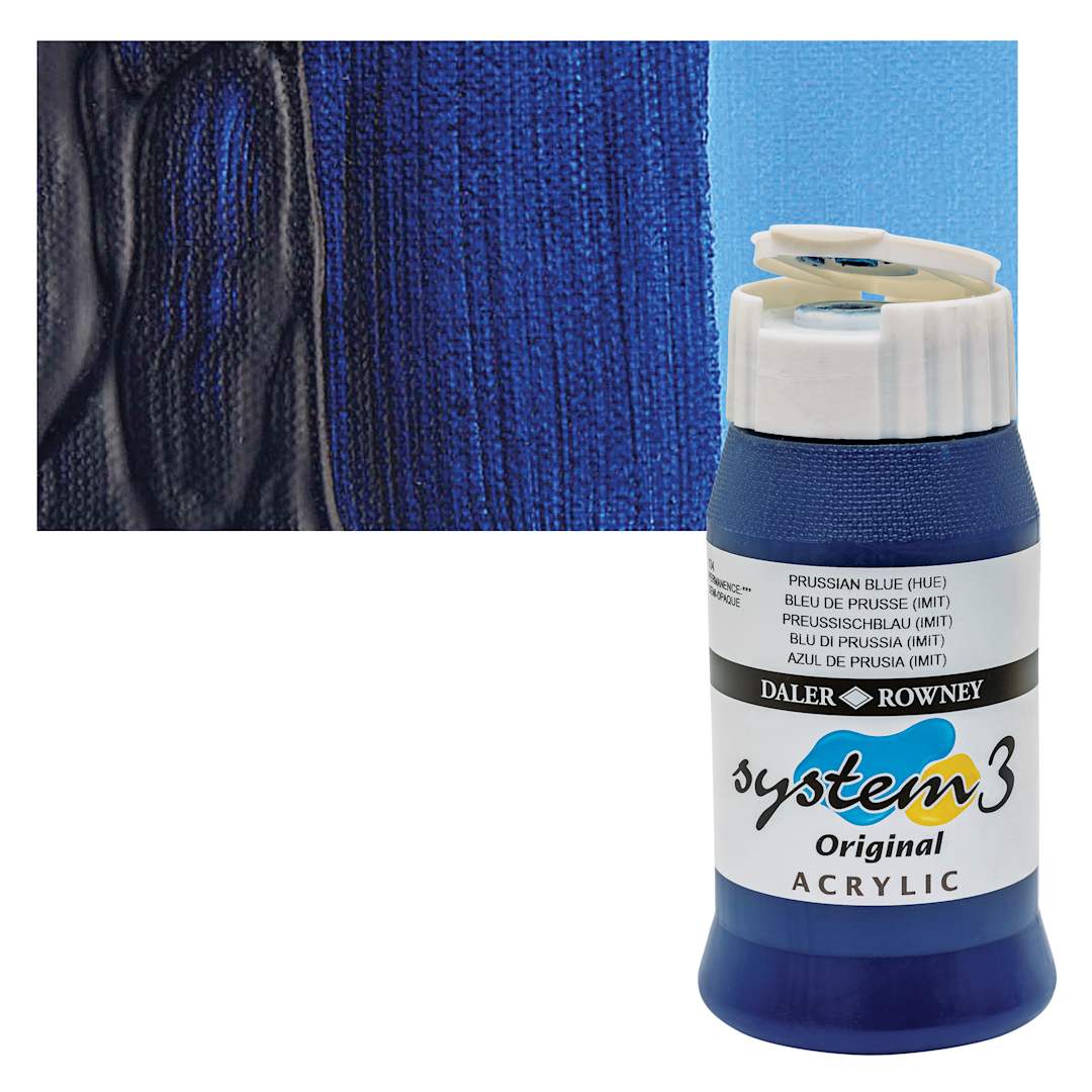 Open in modal - Daler-Rowney System3 Acrylic - Prussian Blue Hue, 500 ml bottle and swatch