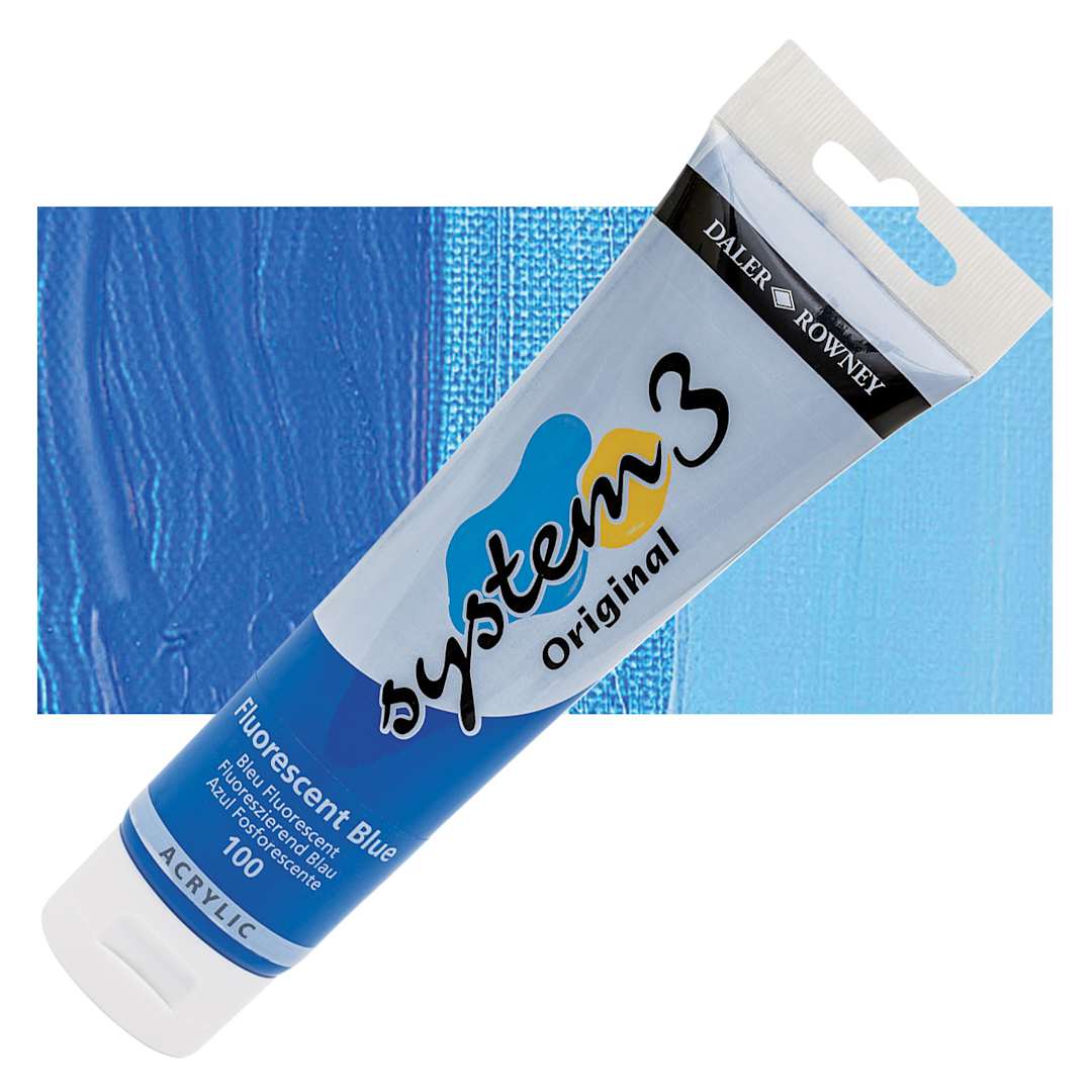 Open in modal - Daler-Rowney System3 Acrylic - Fluorescent Blue, 150 ml tube and swatch