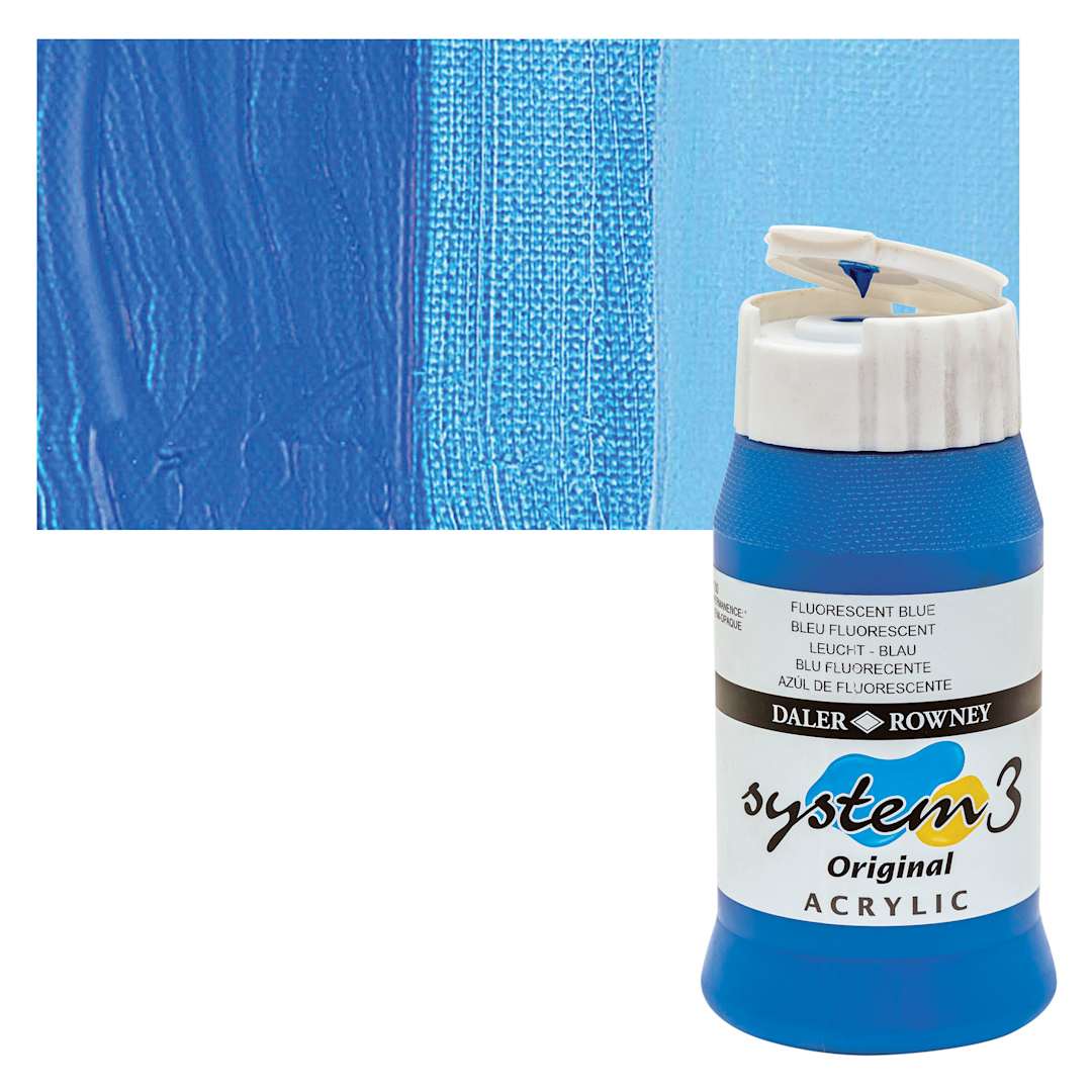 Open in modal - Daler-Rowney System3 Acrylic - Fluorescent Blue, 500 ml bottle and swatch