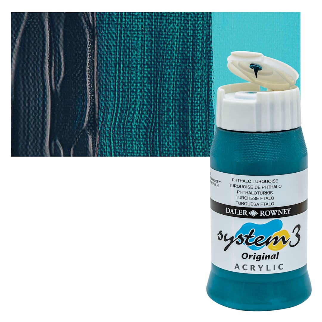 Open in modal - Daler-Rowney System3 Acrylic - Phthalo Turquoise, 500 ml bottle and swatch