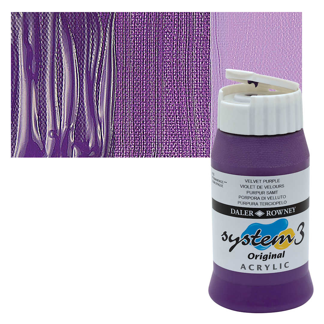 Open in modal - Daler-Rowney System3 Acrylic - Velvet Purple, 500 ml bottle and swatch