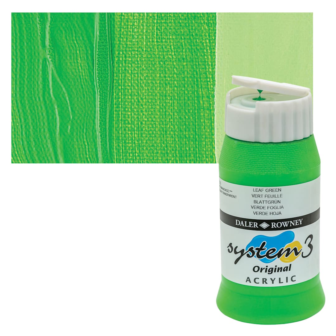 Open in modal - Daler-Rowney System3 Acrylic - Leaf Green, 500 ml bottle and swatch