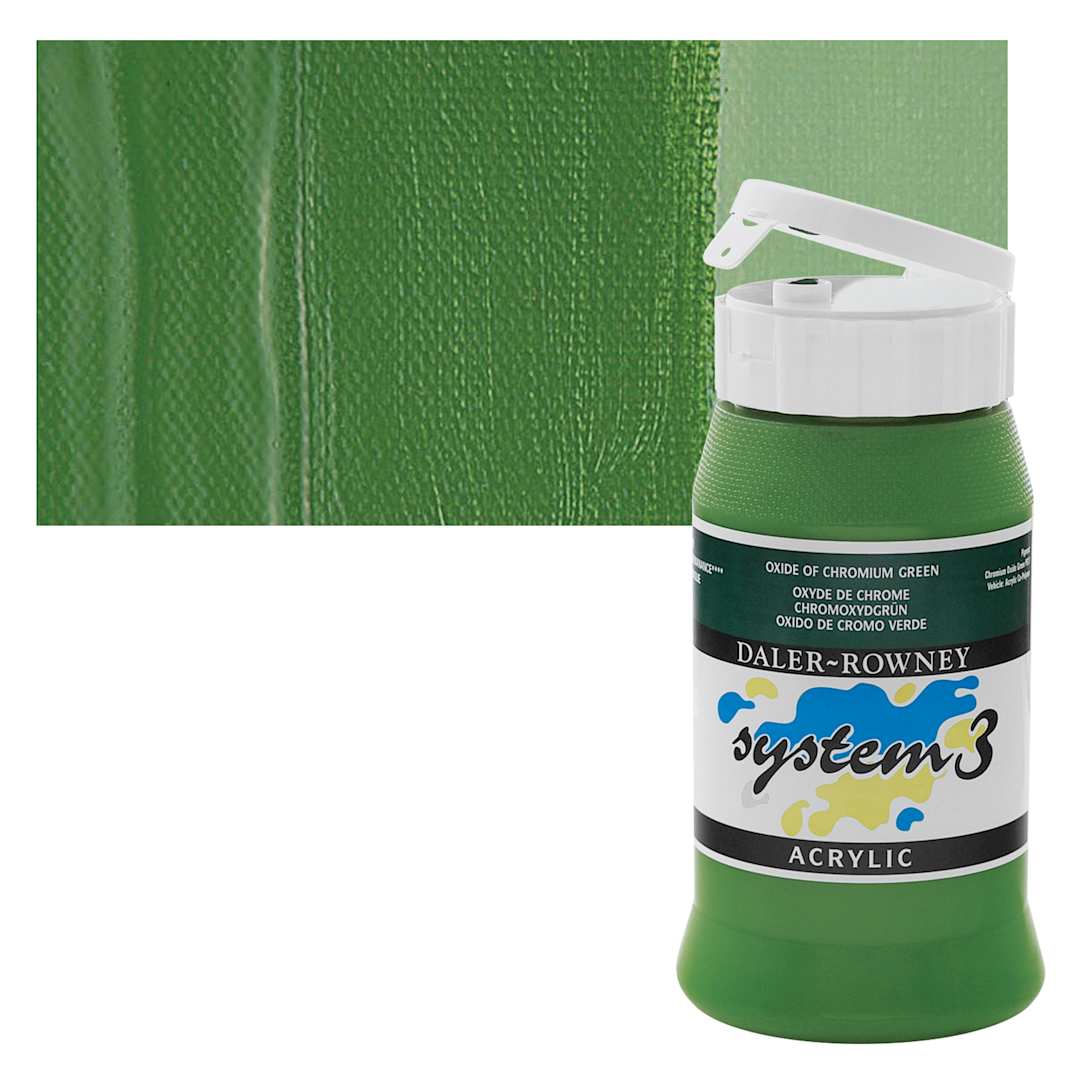 Open in modal - Daler-Rowney System3 Acrylic - Oxide of Chromium Green, 500 ml bottle and swatch