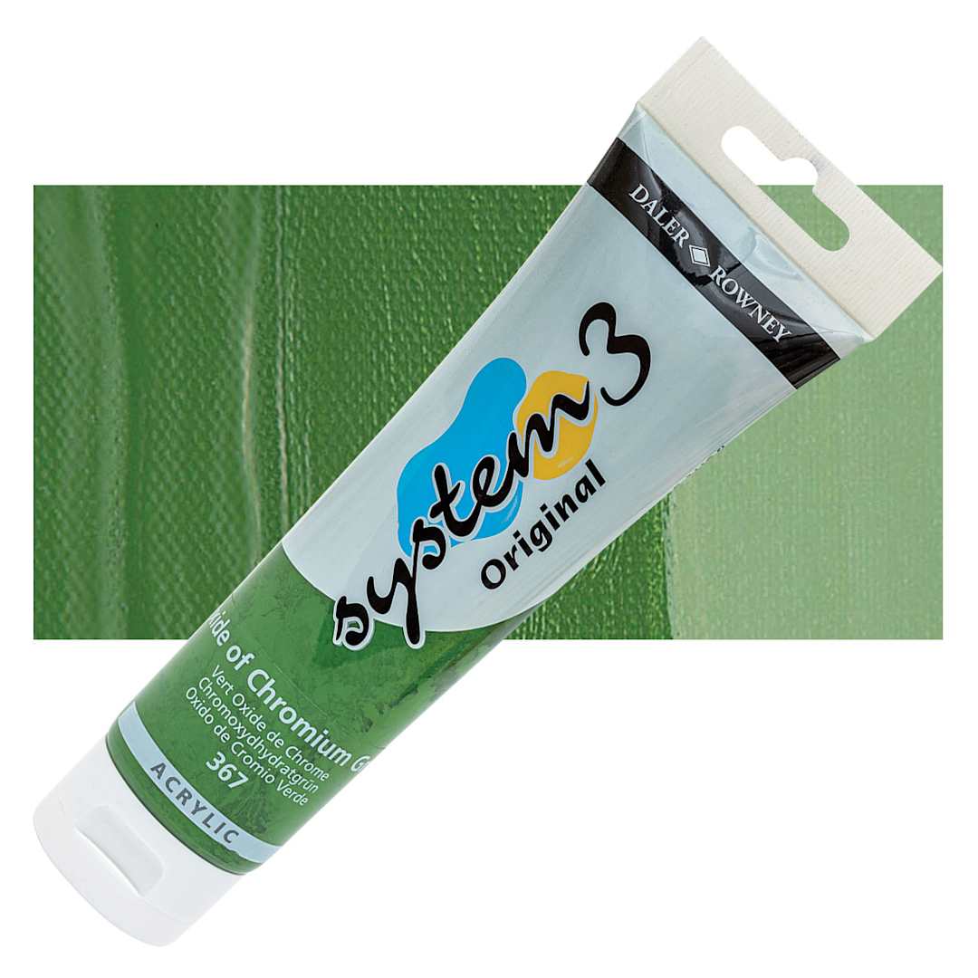 Open in modal - Daler-Rowney System 3 Acrylic - Oxide of Chromium Green, 150 ml tube and swatch