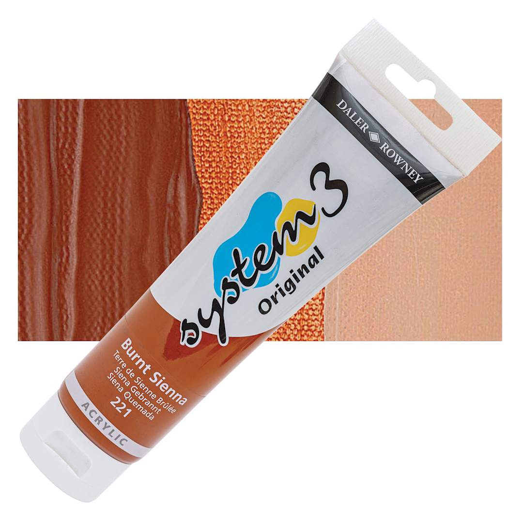 Open in modal - Daler-Rowney System3 Acrylic - Burnt Sienna, 150 ml tube and swatch