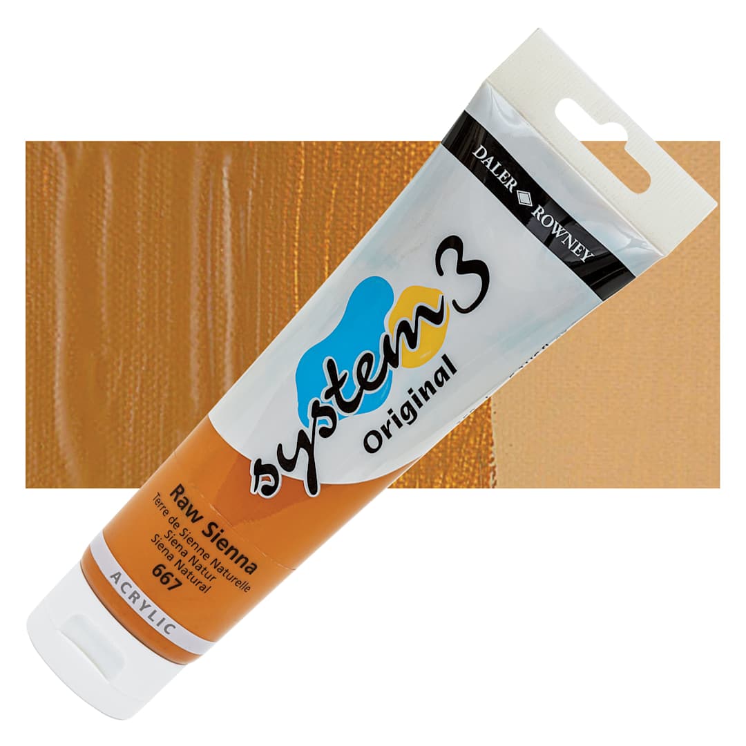 Open in modal - Daler-Rowney System3 Acrylic - Raw Sienna, 150 ml tube and swatch