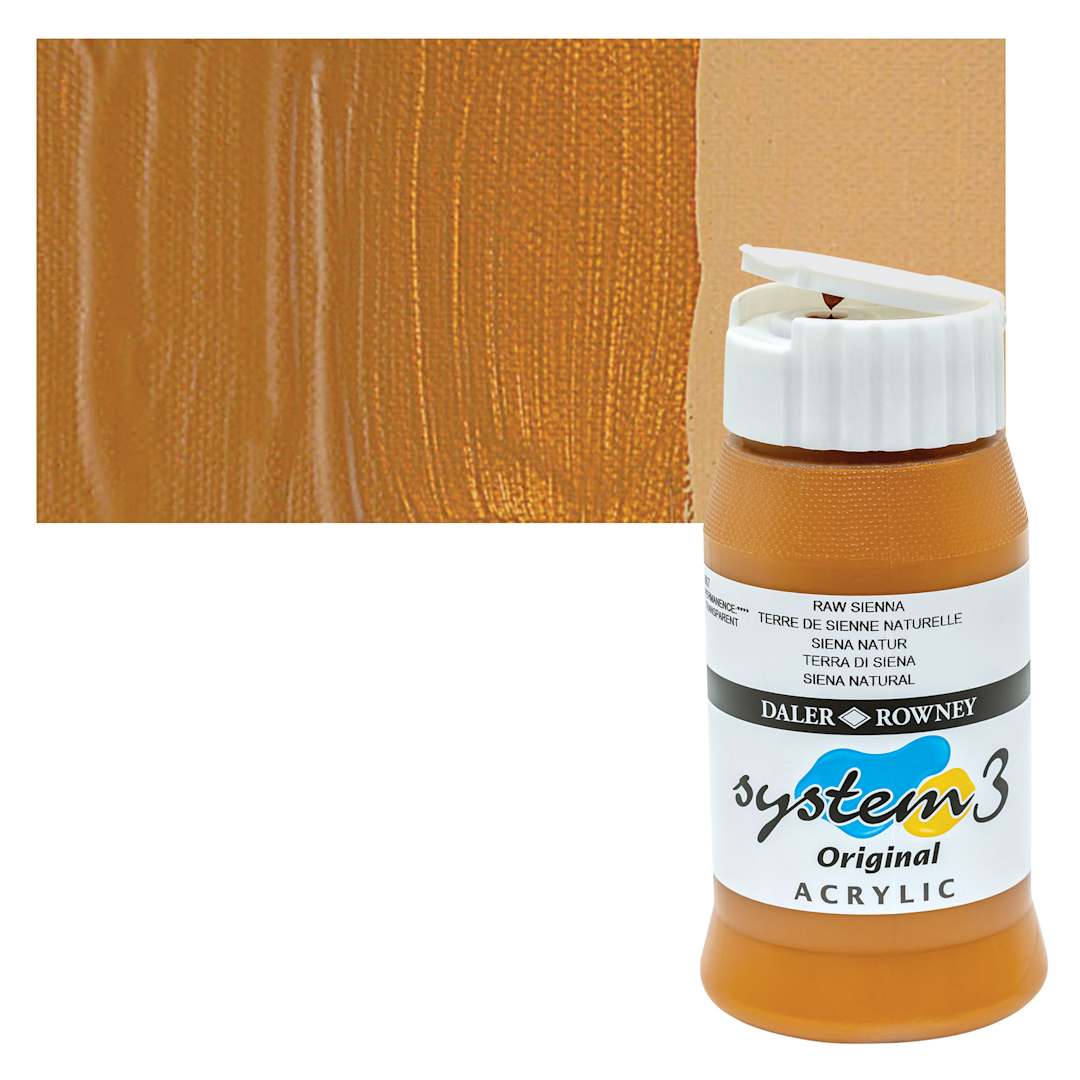 Open in modal - Daler-Rowney System3 Acrylic - Raw Sienna, 500 ml bottle and swatch