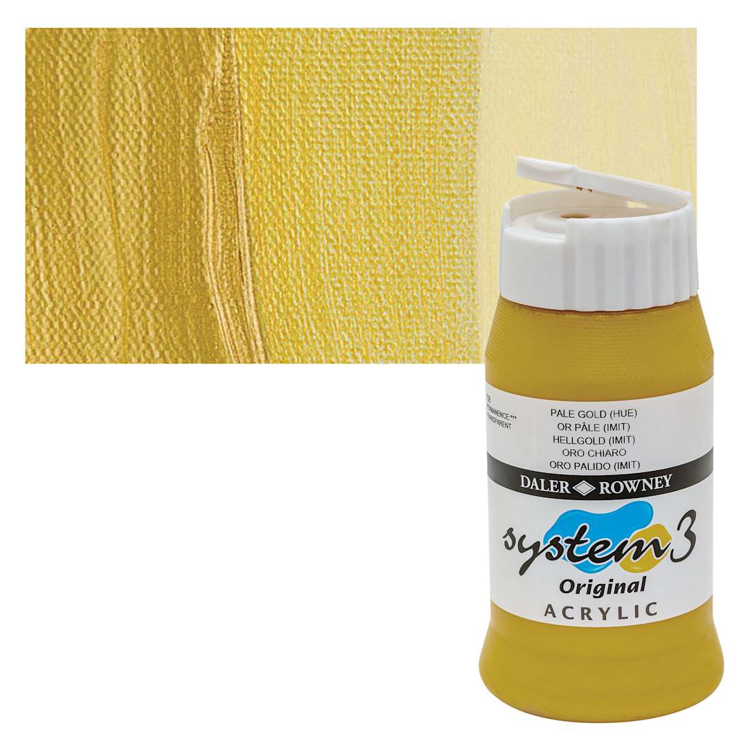 Open in modal - Daler-Rowney System3 Acrylic - Pale Gold Hue, 500 ml bottle and swatch