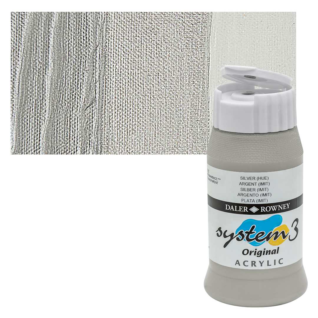 Open in modal - Daler-Rowney System3 Acrylic - Silver Hue, 500 ml bottle and swatch