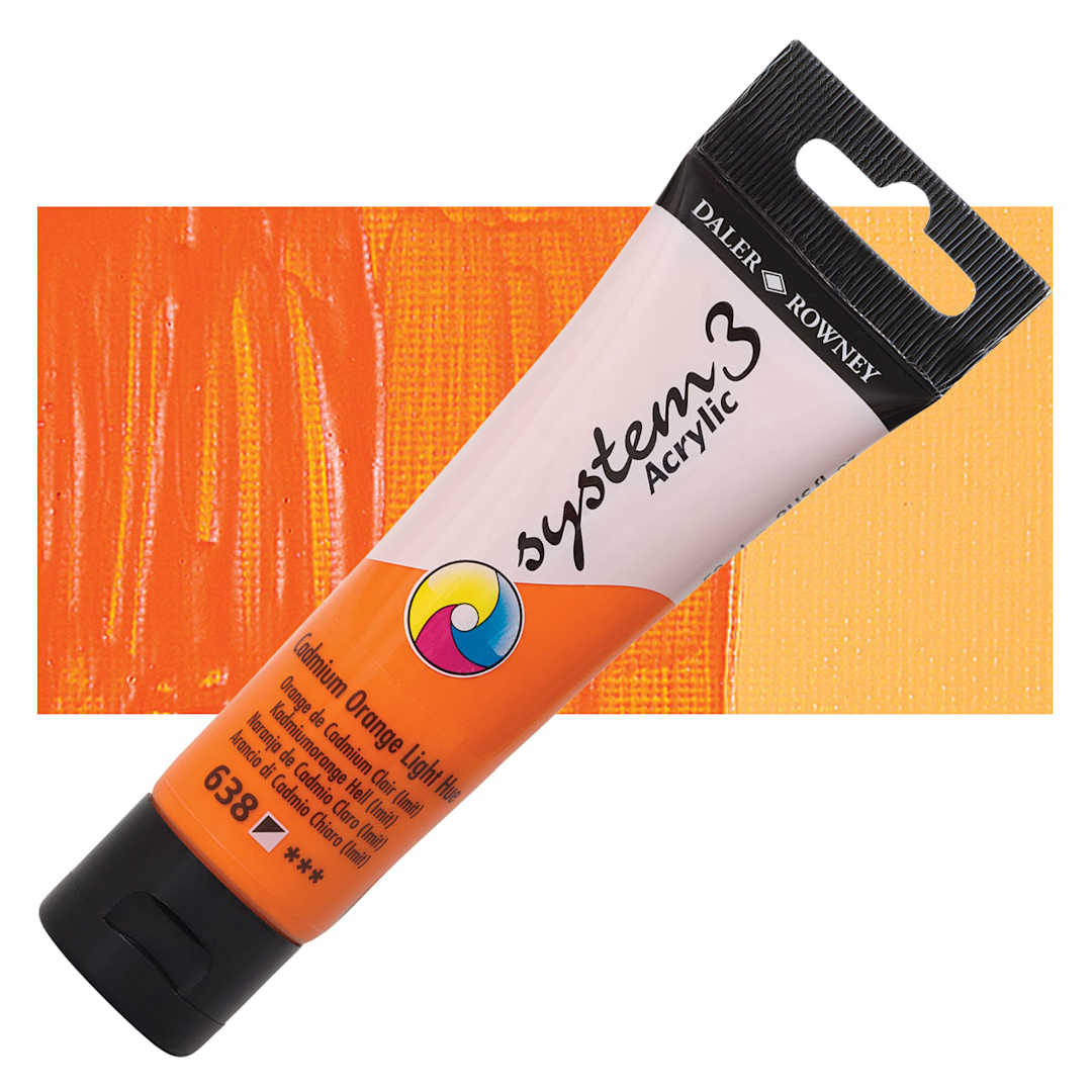Open in modal - Daler-Rowney System3 Acrylic - Cadmium Orange Light, 59 ml tube and swatch