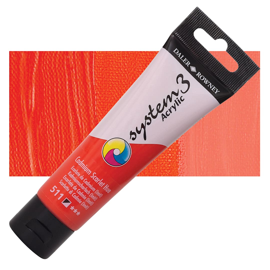 Open in modal - Daler-Rowney System3 Acrylic - Cadmium Scarlet Hue, 59 ml tube and swatch