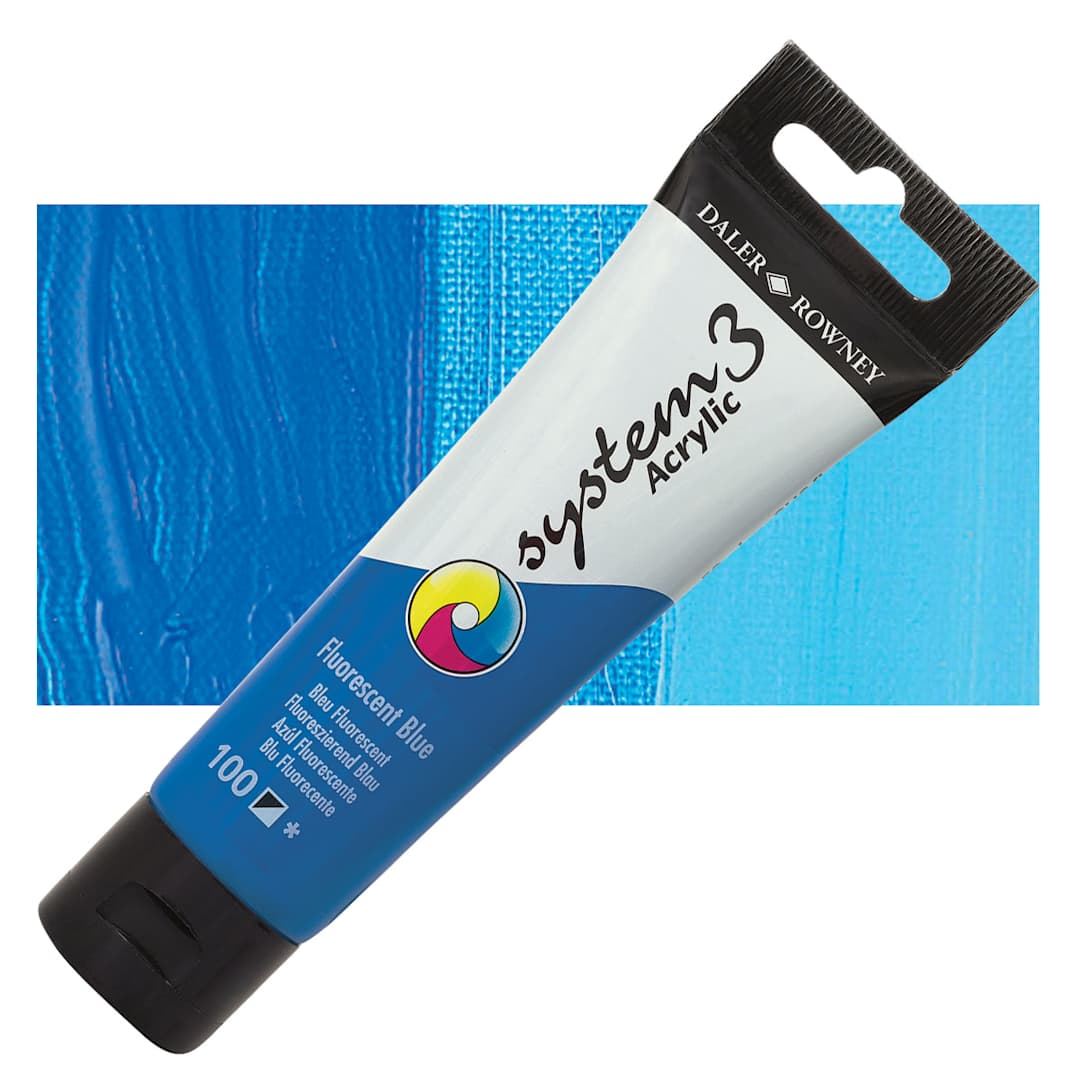 Open in modal - Daler-Rowney System3 Acrylic - Fluorescent Blue, 59 ml tube and swatch