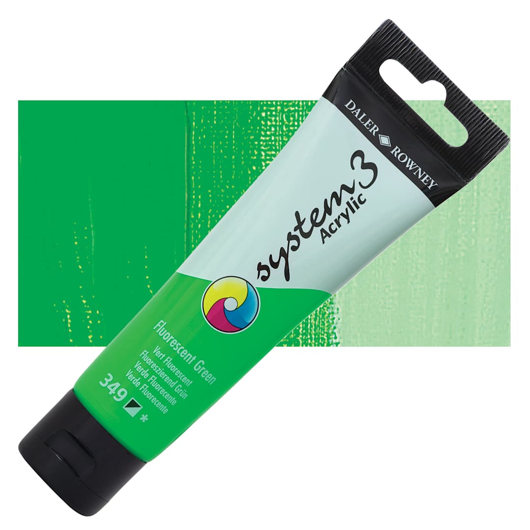 Open in modal - Daler-Rowney System3 Acrylic - Fluorescent Green, 59 ml tube and swatch