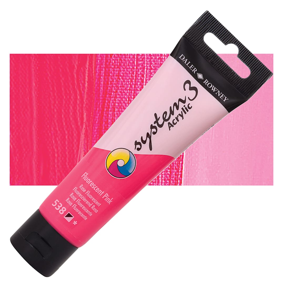 Open in modal - Daler-Rowney System3 Acrylic - Fluorescent Pink, 59 ml tube and swatch