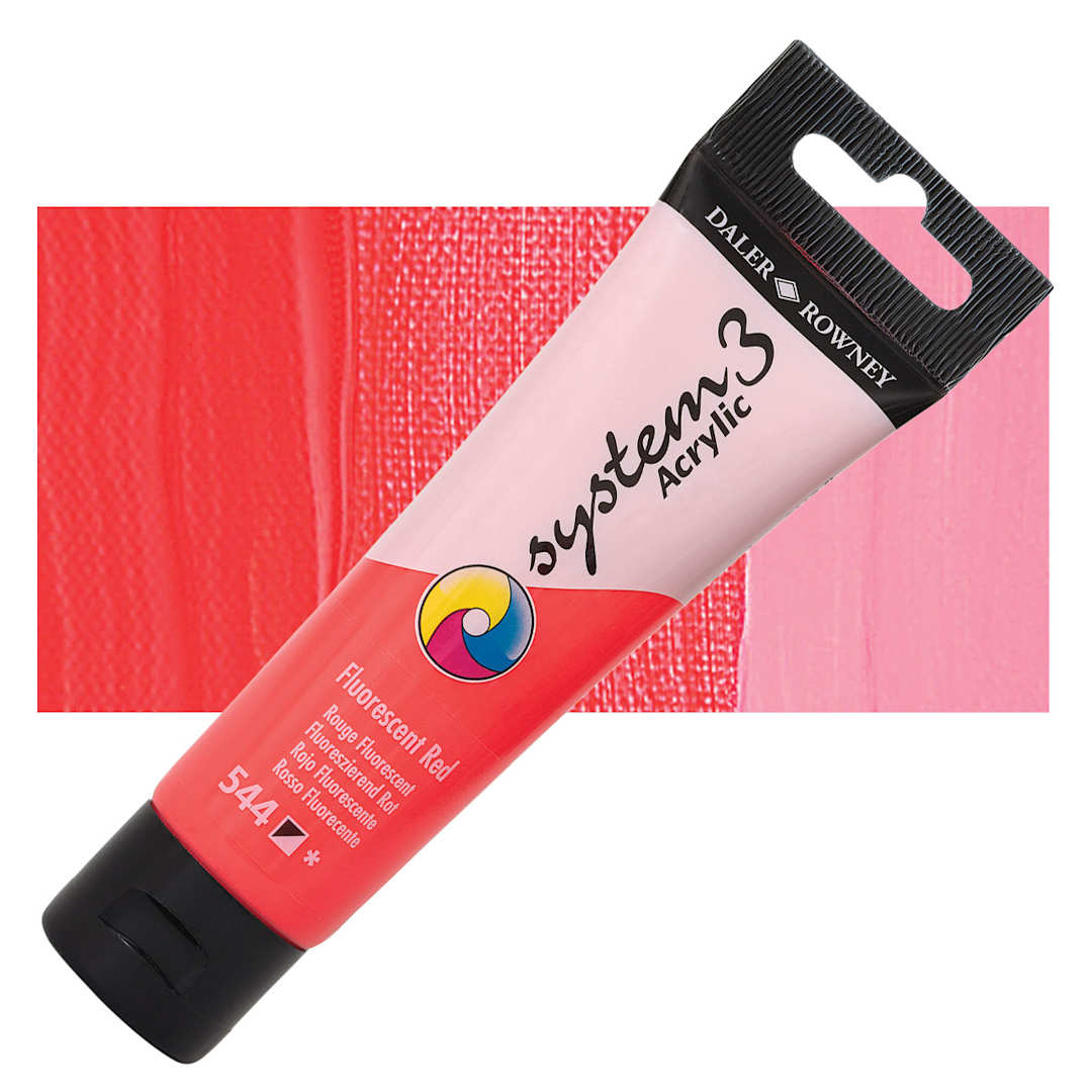 Open in modal - Daler-Rowney System3 Acrylic - Fluorescent Red, 59 ml tube and swatch